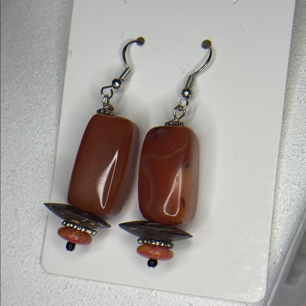 Red Carnelian Large Beaded Rectangular Silver Hook Earrings